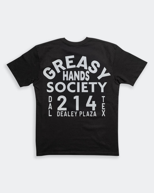 dealey plaza black graphic tee shirt full back graphic with the dealey plaza address - a tribute to JFk