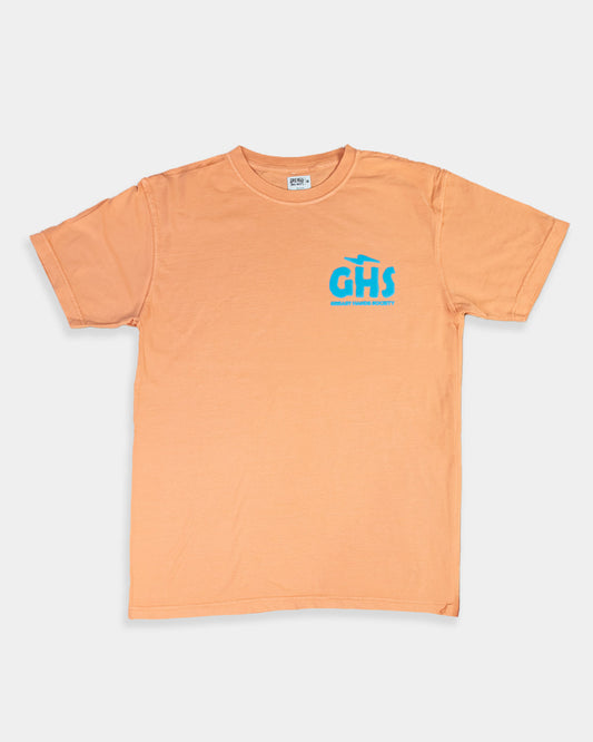 women's Orange graphic tee - t-shirt with a blue logo on a white background