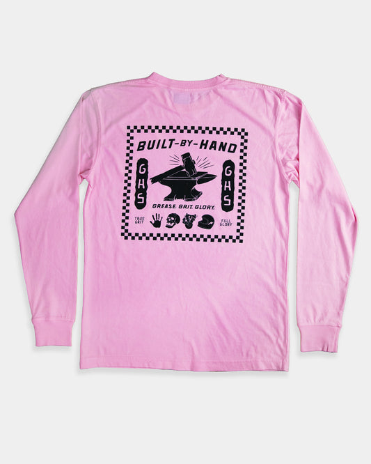 GHS Engineered pink long sleeve shirt back view showing a hammer and anvil