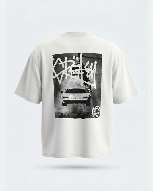 White t-shirt with black and white graphic design on a light gray background - Flying Bull White Heavyweight graphic Tee by Greasy Hands Society