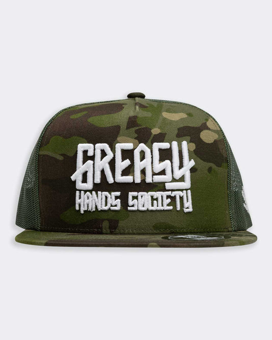 military camo greasy hands society logo front snapback hat