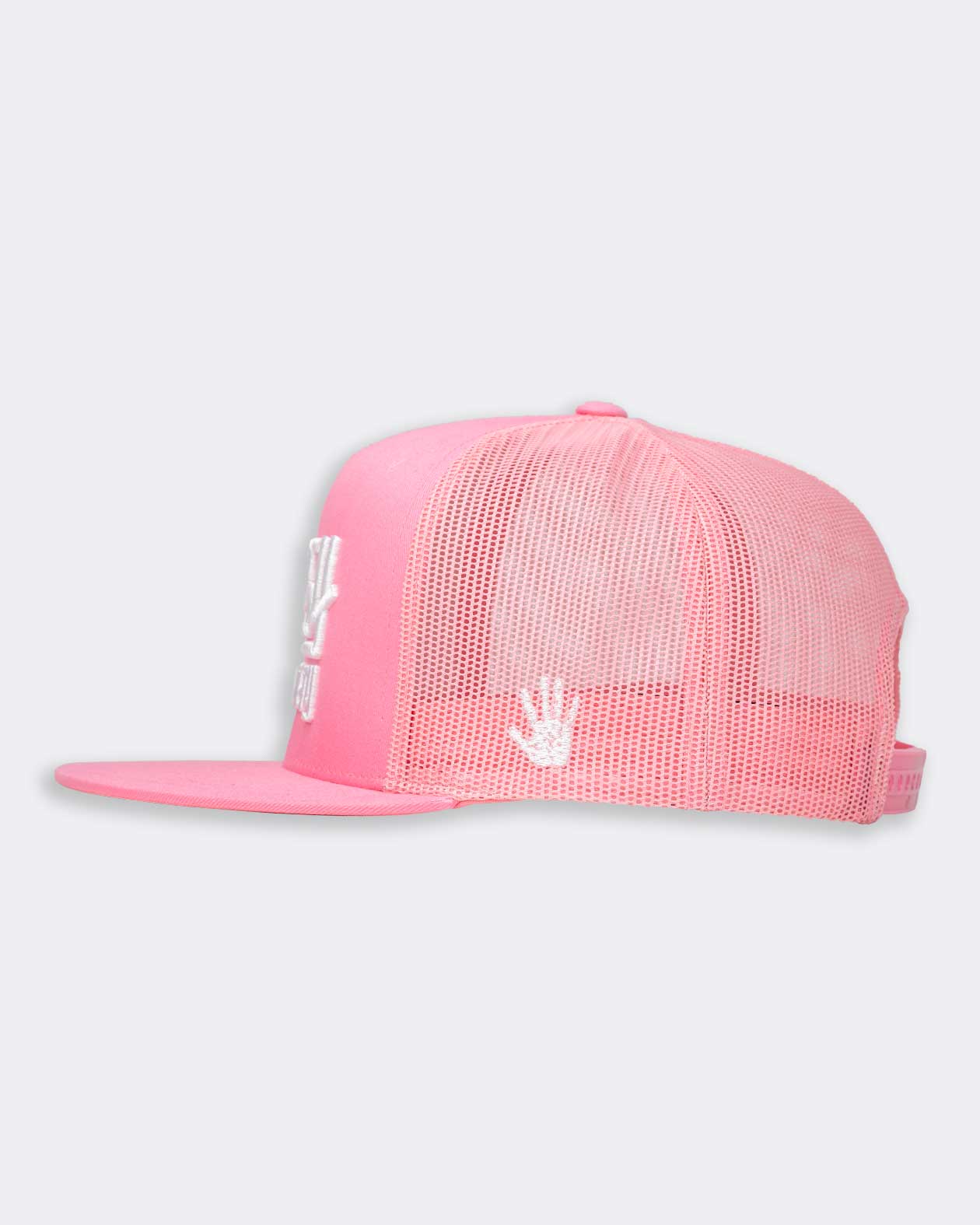 pink logo hat greasy hands sideview of white hand