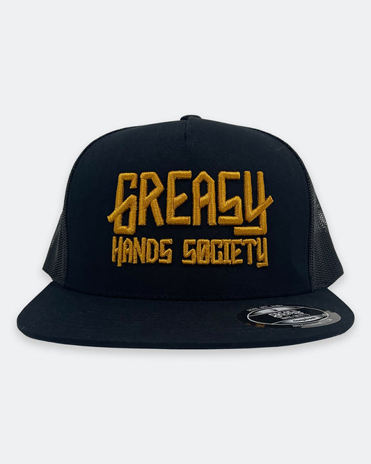 greasy hands society logo hat lack with gold logo front view on gray