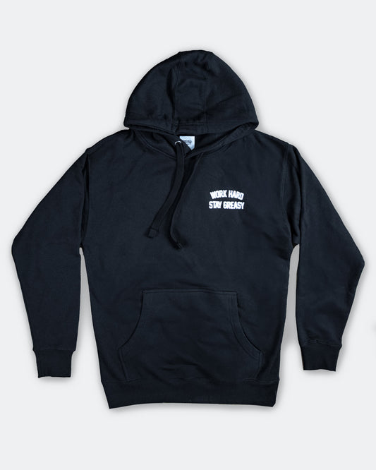 Black hoodie with white text on a white background - Work Hard Stay Greasy men's black hoodie by Greasy Hands Society