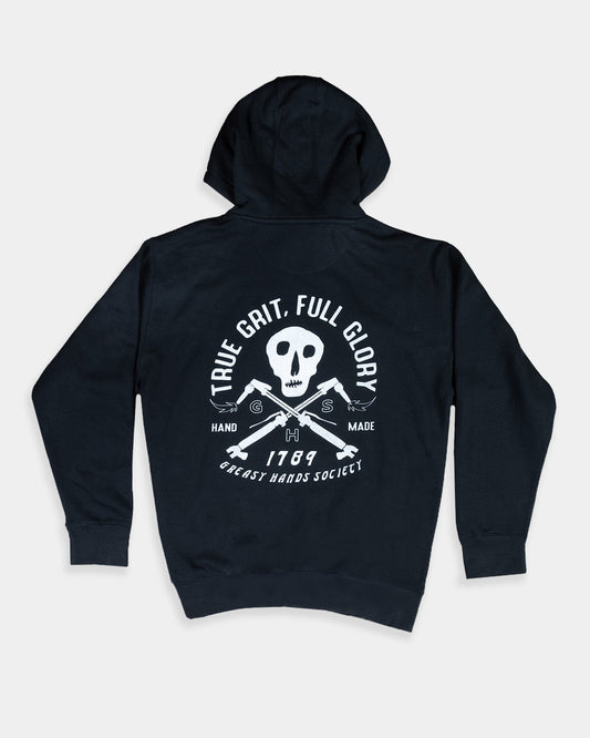 women's Black hoodie with a skull and crossbones design on the back against a white background