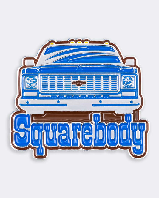 chevy squarebody pin blue, white and brown enamel pin on a gray background