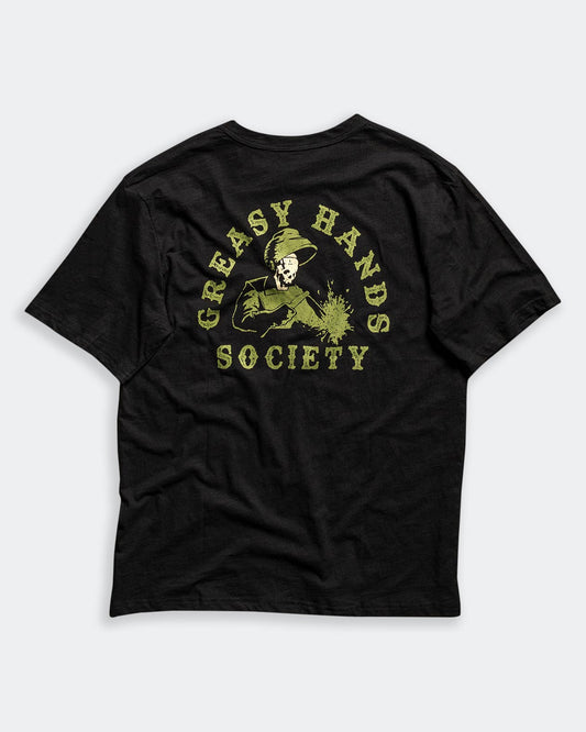 Weld On back design showing a welder in green - welders black t-shirt back graphic