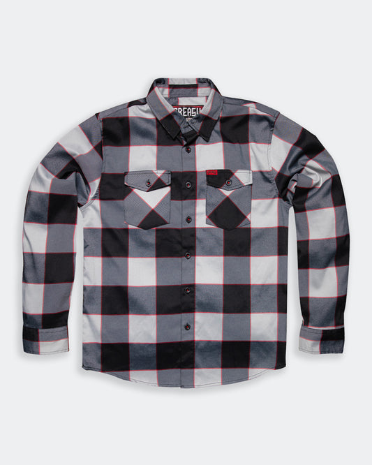 banger flannel flat lay on gray - red black and gray flannel