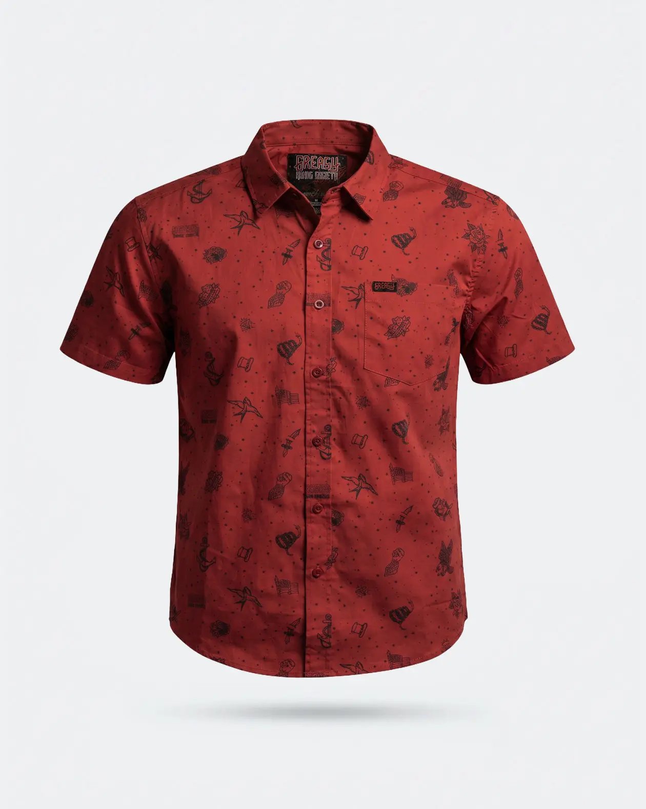 Red patterned shirt on a light gray background - The 1776 Button-Up Shirt by Greasy Hands Society