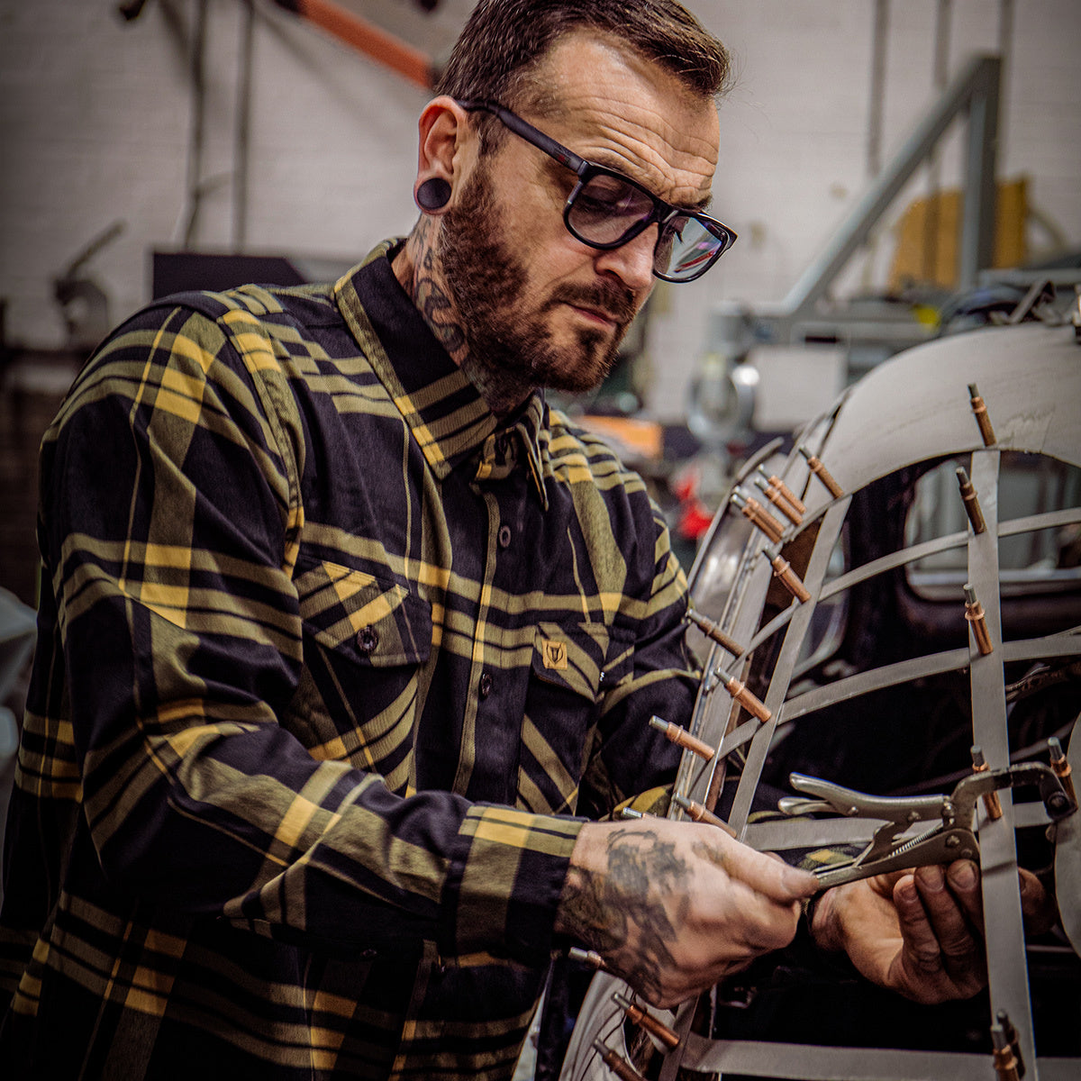 two lane black and gold flannel on a model