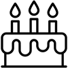 Black line drawing of a birthday cake with candles on a white background - birthday rewards