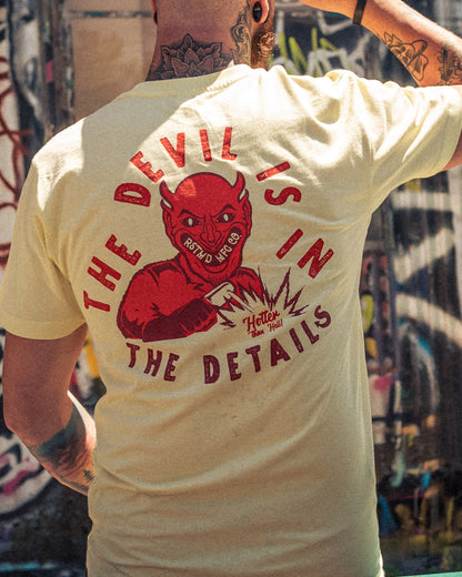 devil is in the details yellow t-shirt full back graphic of a devil