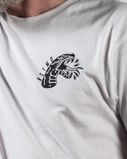 man wearing the don't kill my vibe graphic tee showing the upper left chest