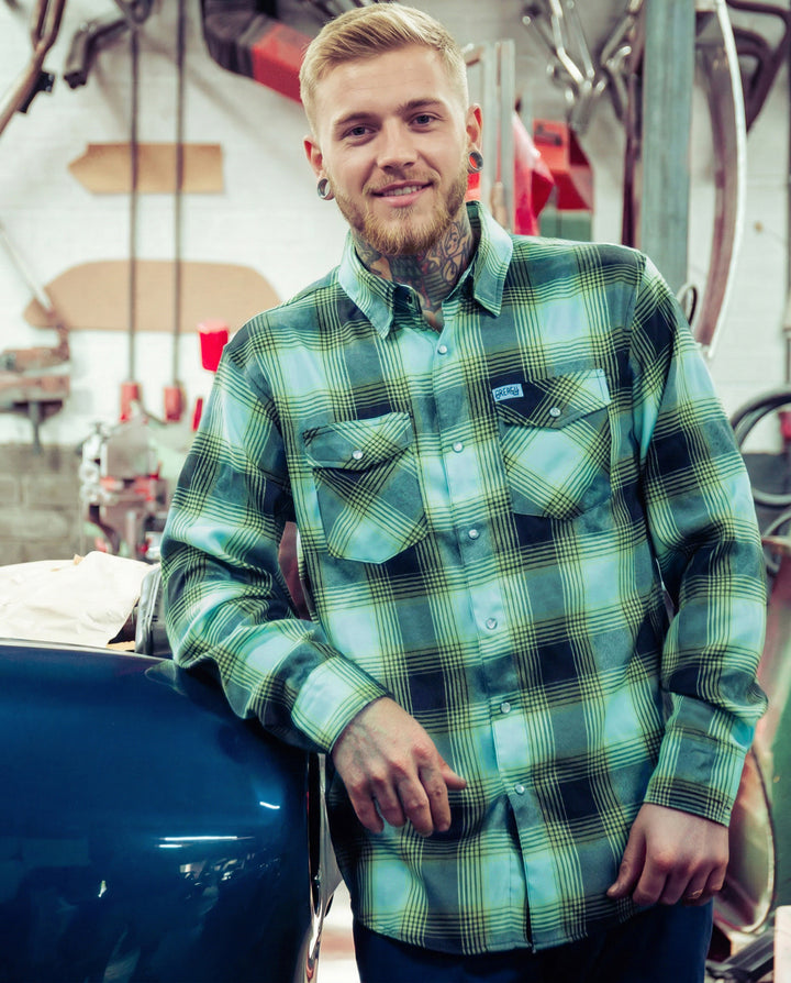sucker punch green and blue lightweight plaid flannel shirt flat lay front view on a gray background - The Sucker Punch Flannel from Greasy Hands Society