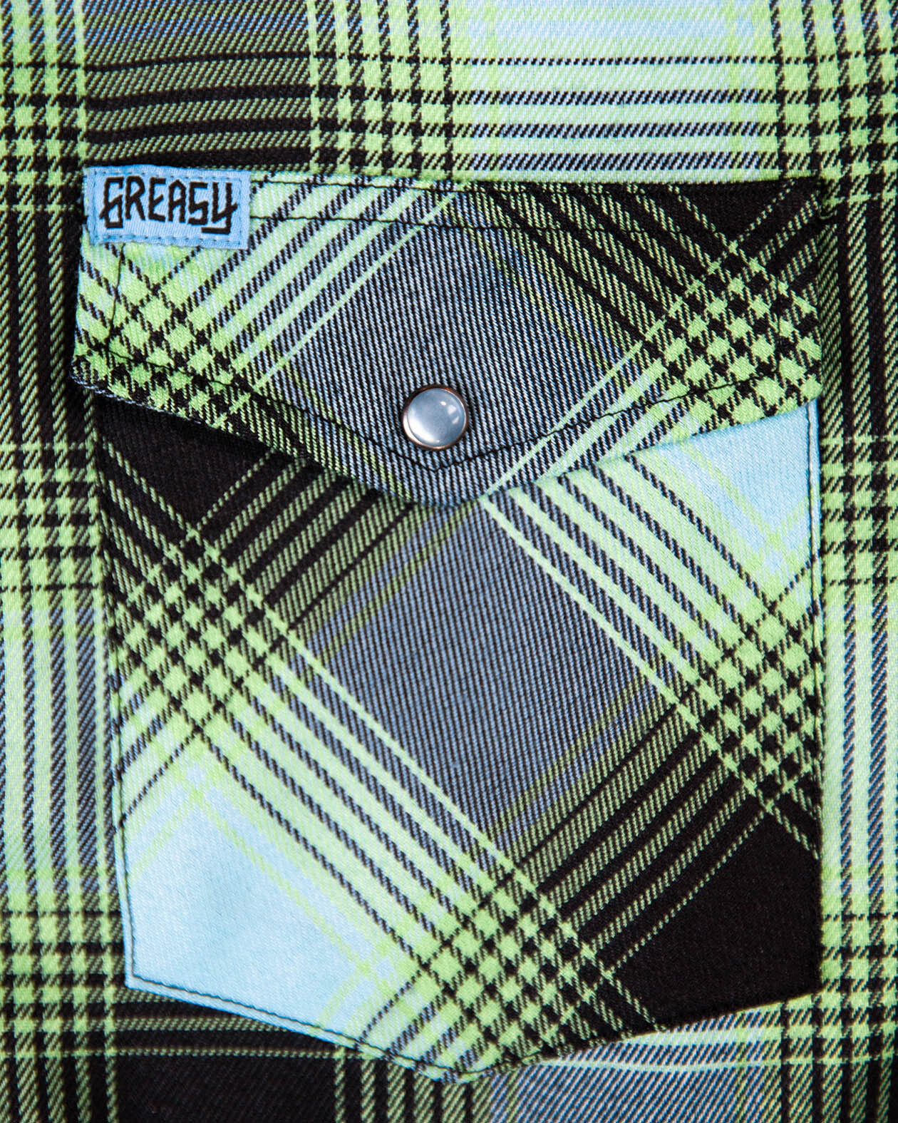 sucker punch lightweight flannel in blue and green front chest pocket detail from greasy hands society