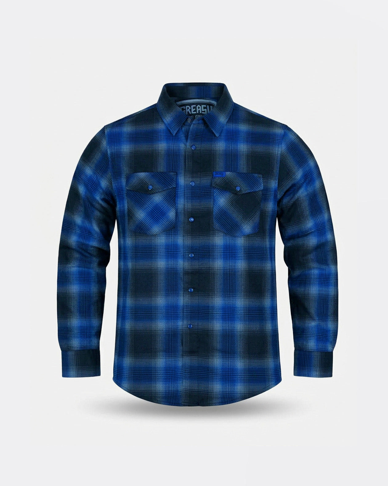 plaid Blue and gray flannel shirt on a light gray background - The Nailhead Flannel by Greasy Hands Society