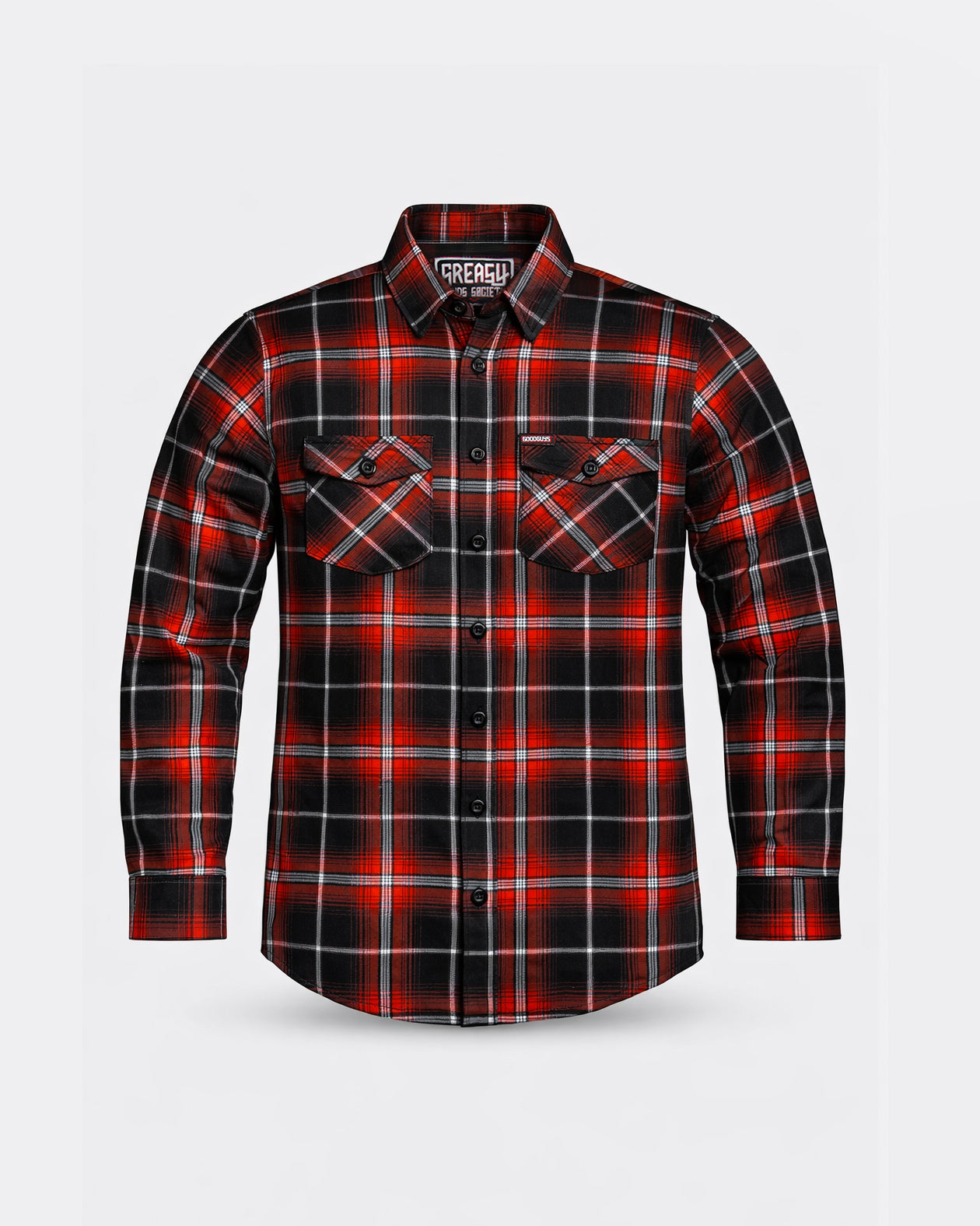 Plaid red black and white flannel shirt on a white background - The Detour Flannel from Greasy Hands Society