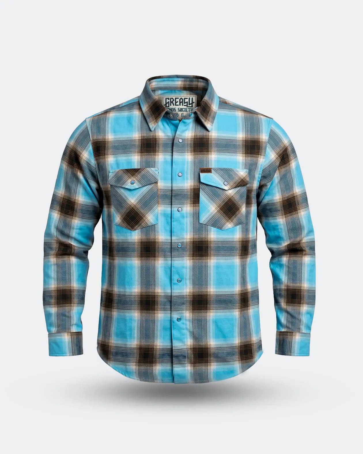 Blue and brown plaid shirt with 'Greasy' branding on a light gray background - Cold Start Flannel by Greasy Hands Society
