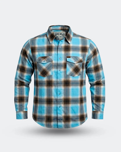 Blue and brown plaid shirt with 'Greasy' branding on a light gray background - Cold Start Flannel by Greasy Hands Society