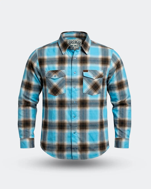 Blue and brown plaid shirt with 'Greasy' branding on a light gray background - Cold Start Flannel by Greasy Hands Society