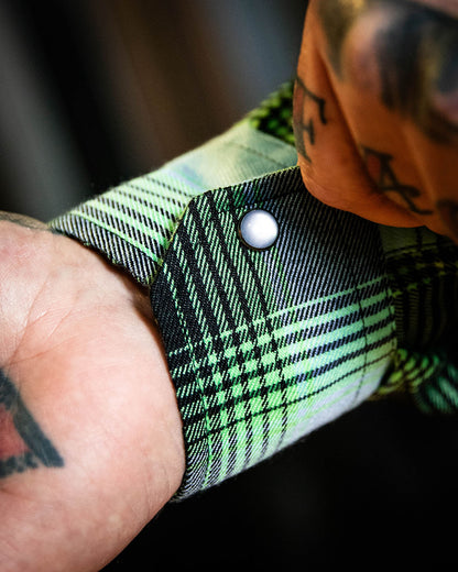 sucker punch blue and green flannel showing the barrel cuff in detail