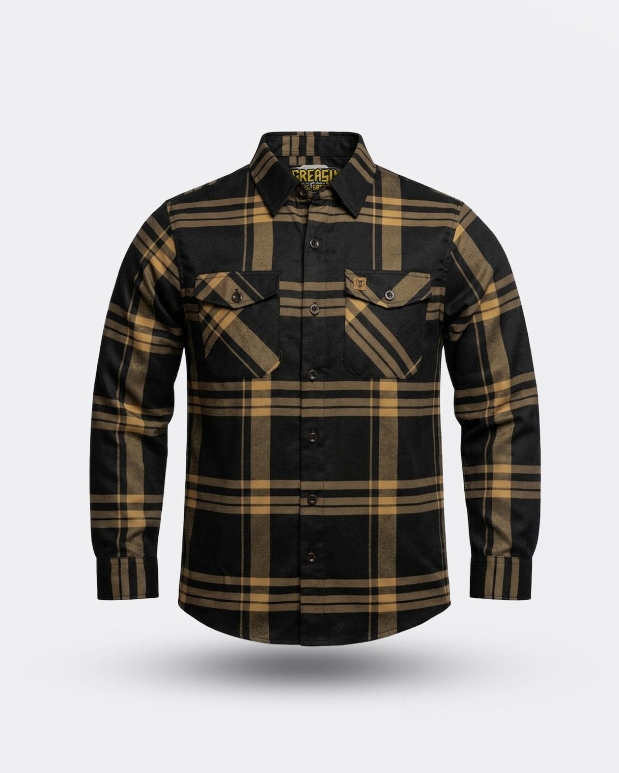 plaid Black and gold flannel shirt on a light gray background - The Two Lane Flannel by Greasy Hands Society