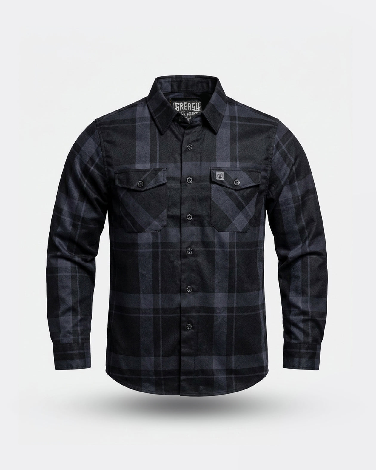 plaid Black flannel shirt on a light gray background - The Synister Continental Flannel from Greasy Hands Society
