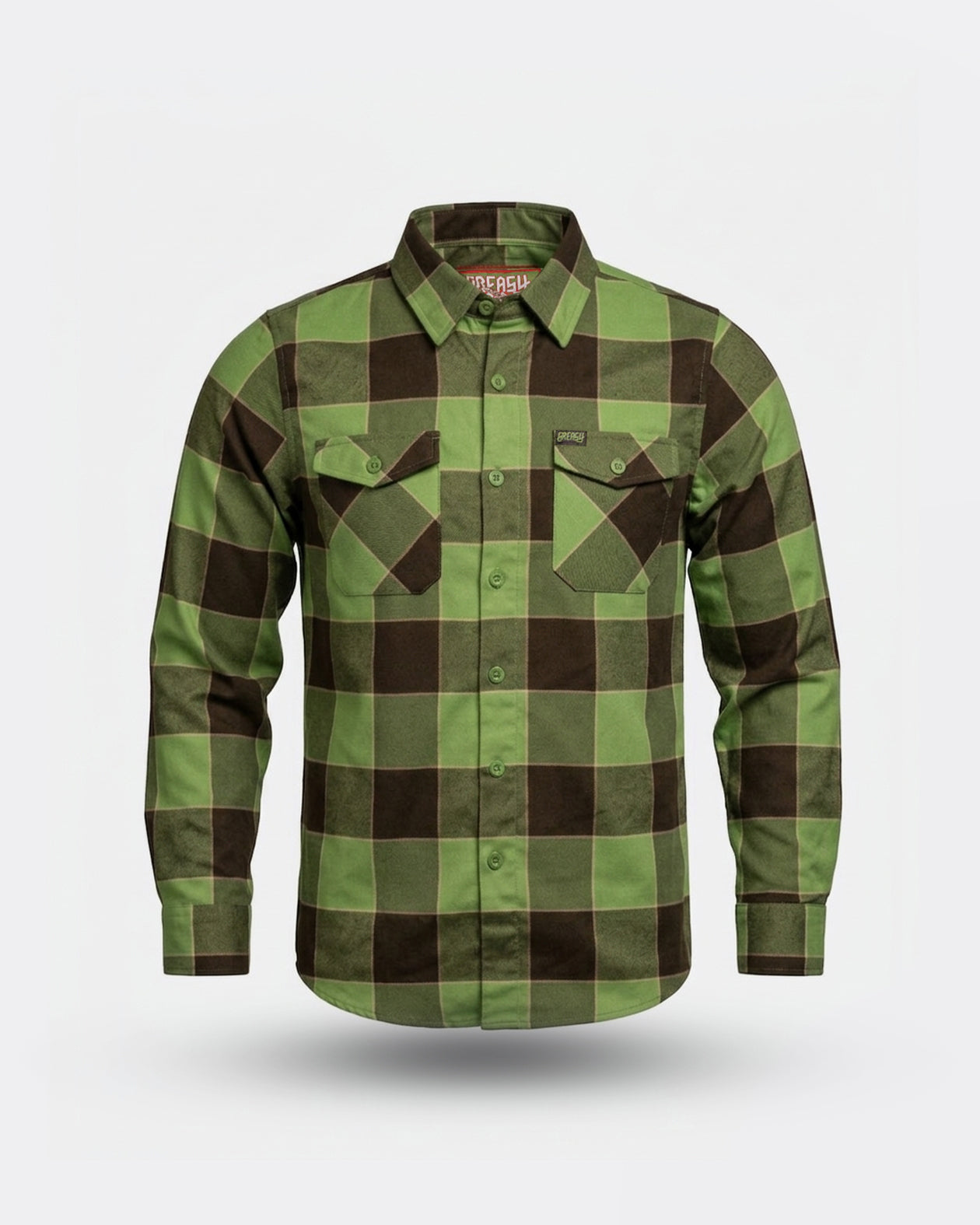 plaid Green and brown flannel shirt on a white background - The Griswold Flannel from Greasy Hands Society