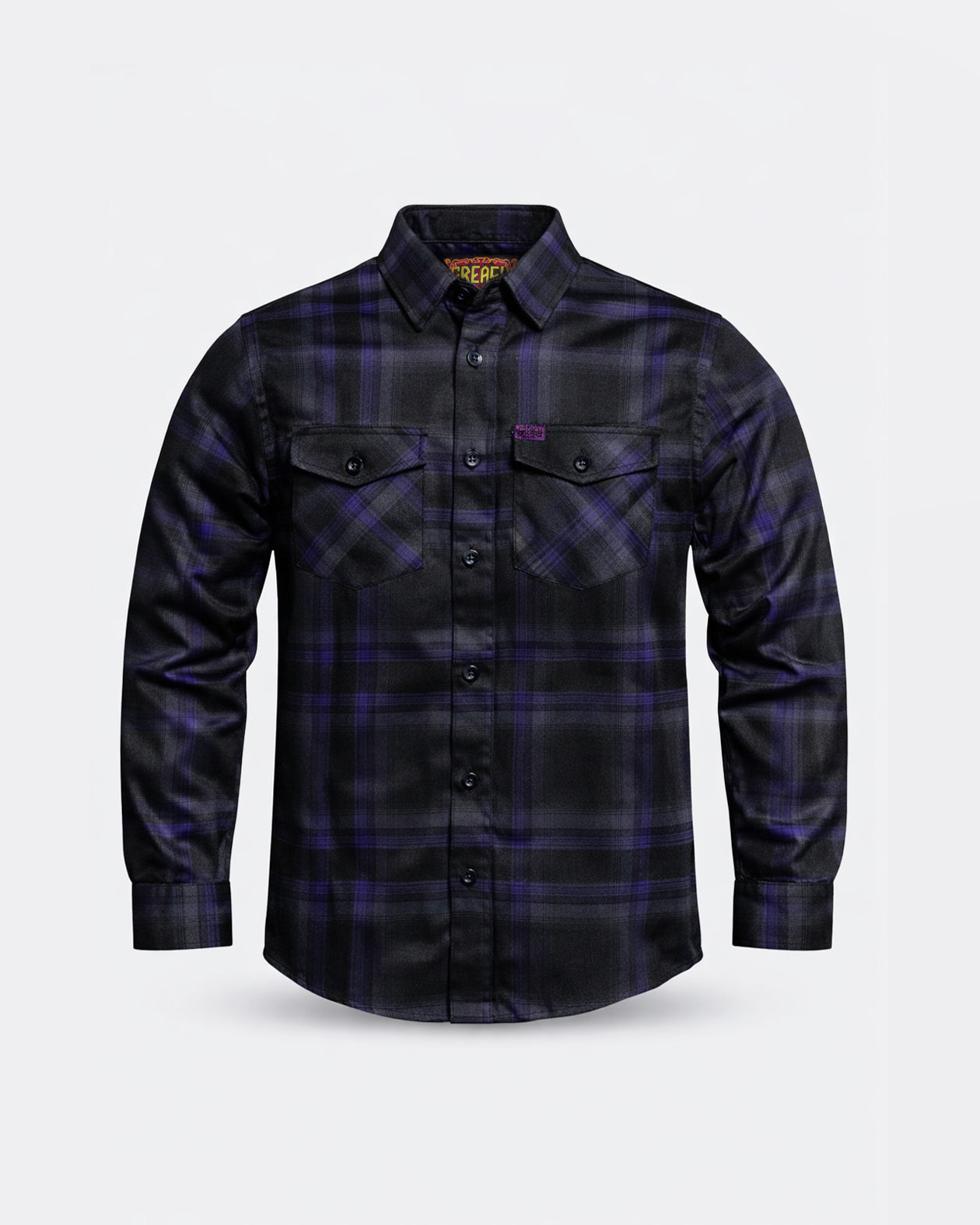 plaid Black and purple flannel shirt on a light gray background - The Kiss the Sky Flannel by Greasy Hands Society