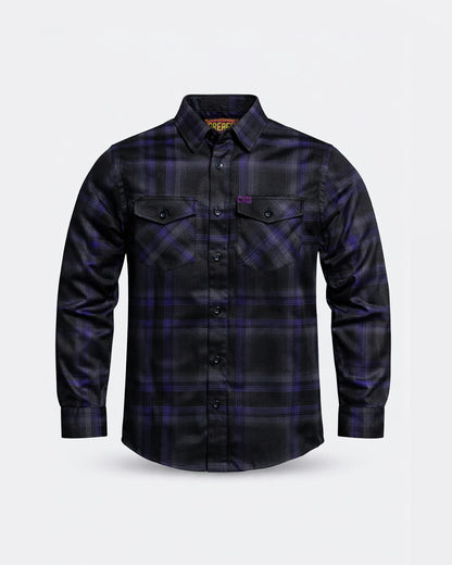 plaid Black and purple flannel shirt on a light gray background - The Kiss the Sky Flannel by Greasy Hands Society