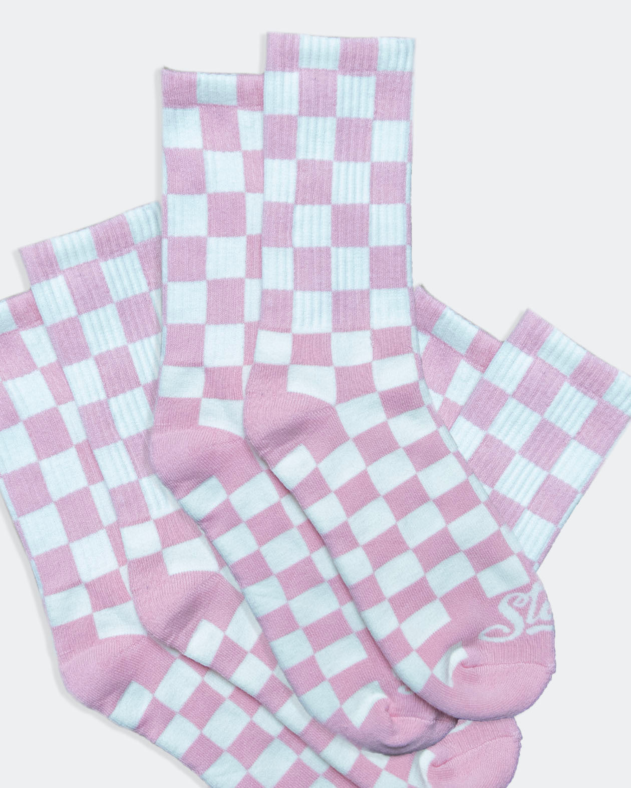 3-pack of pink and white checkered crew socks from greasy hands society
