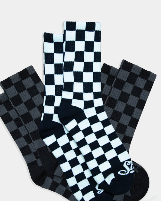 3-pack of black and gray and black and white checkered crew socks from greasy hands society