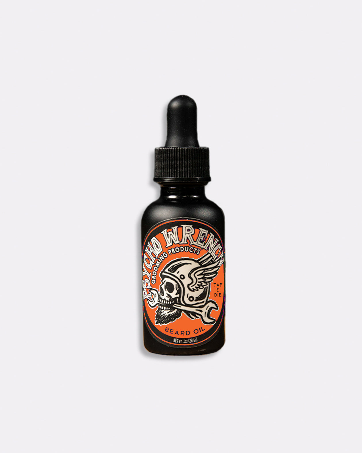 Black bottle of Psycho Wrench beard oil with orange label on a white background - Psycho Wrench Tap & Die Beard Oil by Greasy Hands Society