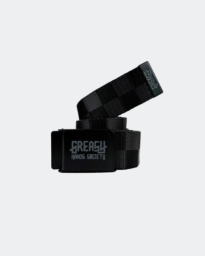black and gray fabric belt on a light gray background - The Shop Rat Belt by Greasy Hands Society