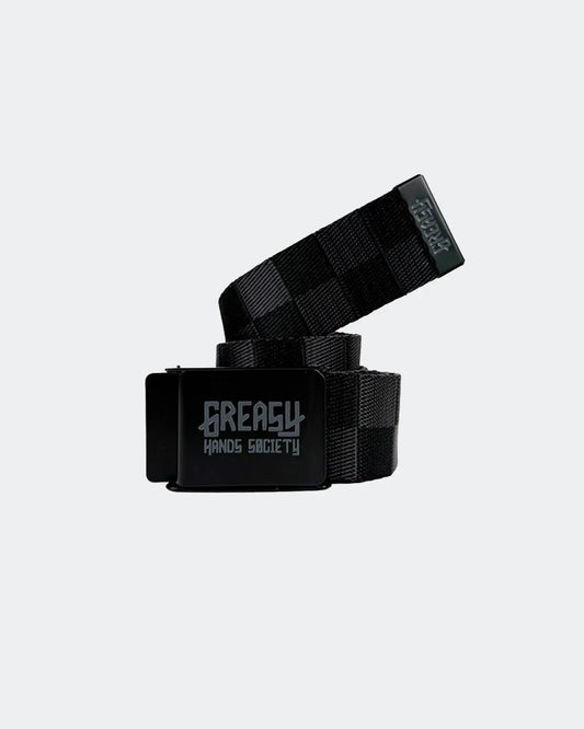 black and gray fabric belt on a light gray background - The Shop Rat Belt by Greasy Hands Society