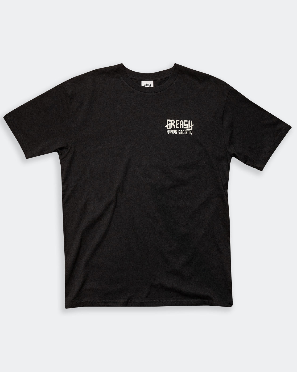 way of life black t-shirt front view with left chest grasy hands society logo