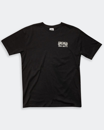 way of life black t-shirt front view with left chest grasy hands society logo