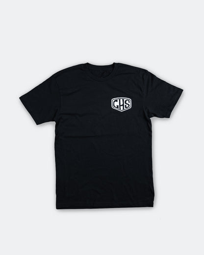 factory sealed black graphic t-shirt with a GHS shield on the front left packet. 