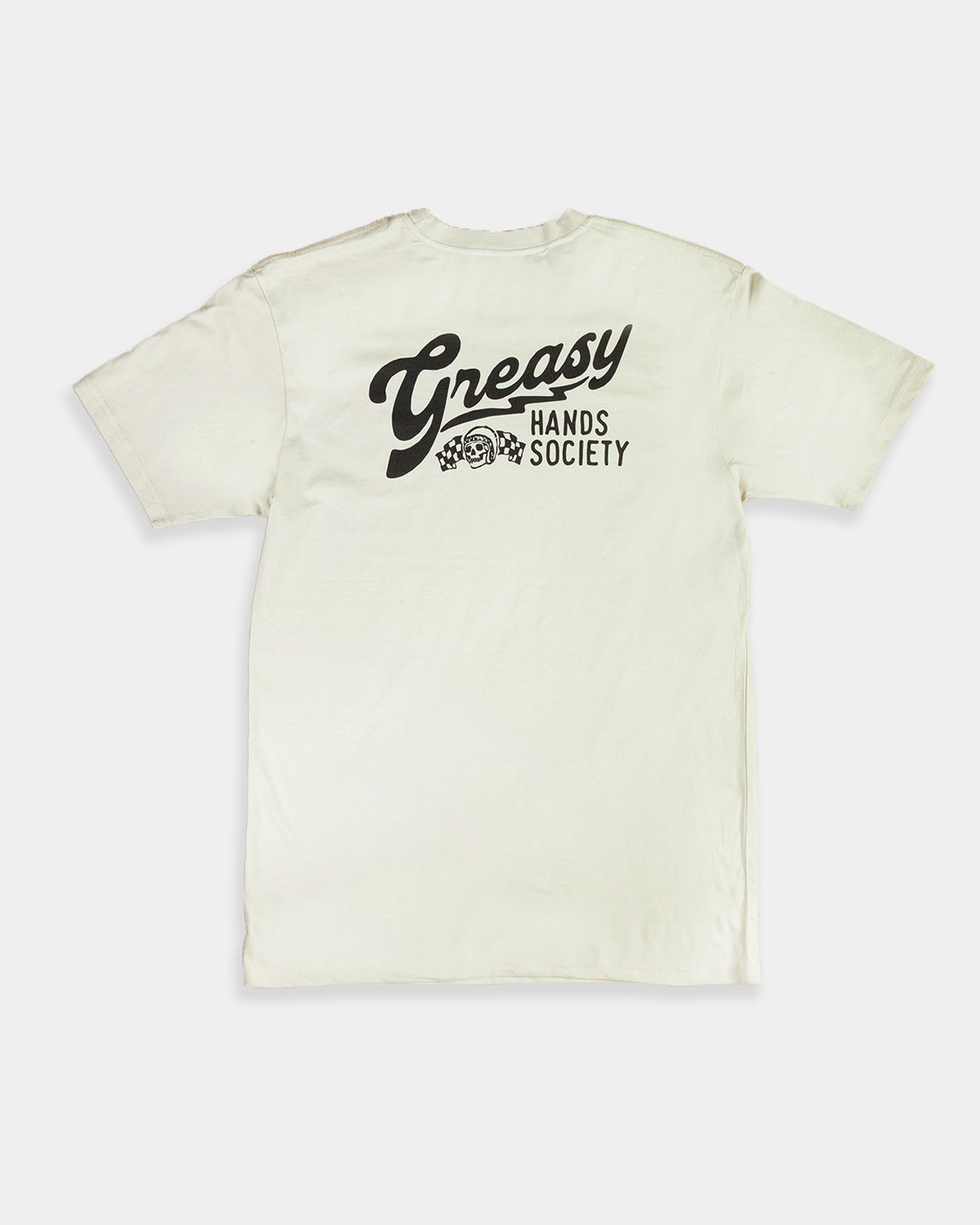 Beige t-shirt with 'Greasy Hands Society' text on a white background - women's desination graphic tee
