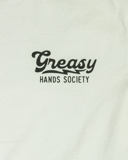 White sweatshirt with 'Greasy Hands Society' text on a white background - women's destination graphic tee detail of the front left chest graphic