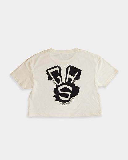 Beige crop t-shirt with black graphic design on a white background for women - Well Balanced Crop top by Greasy Hands Society