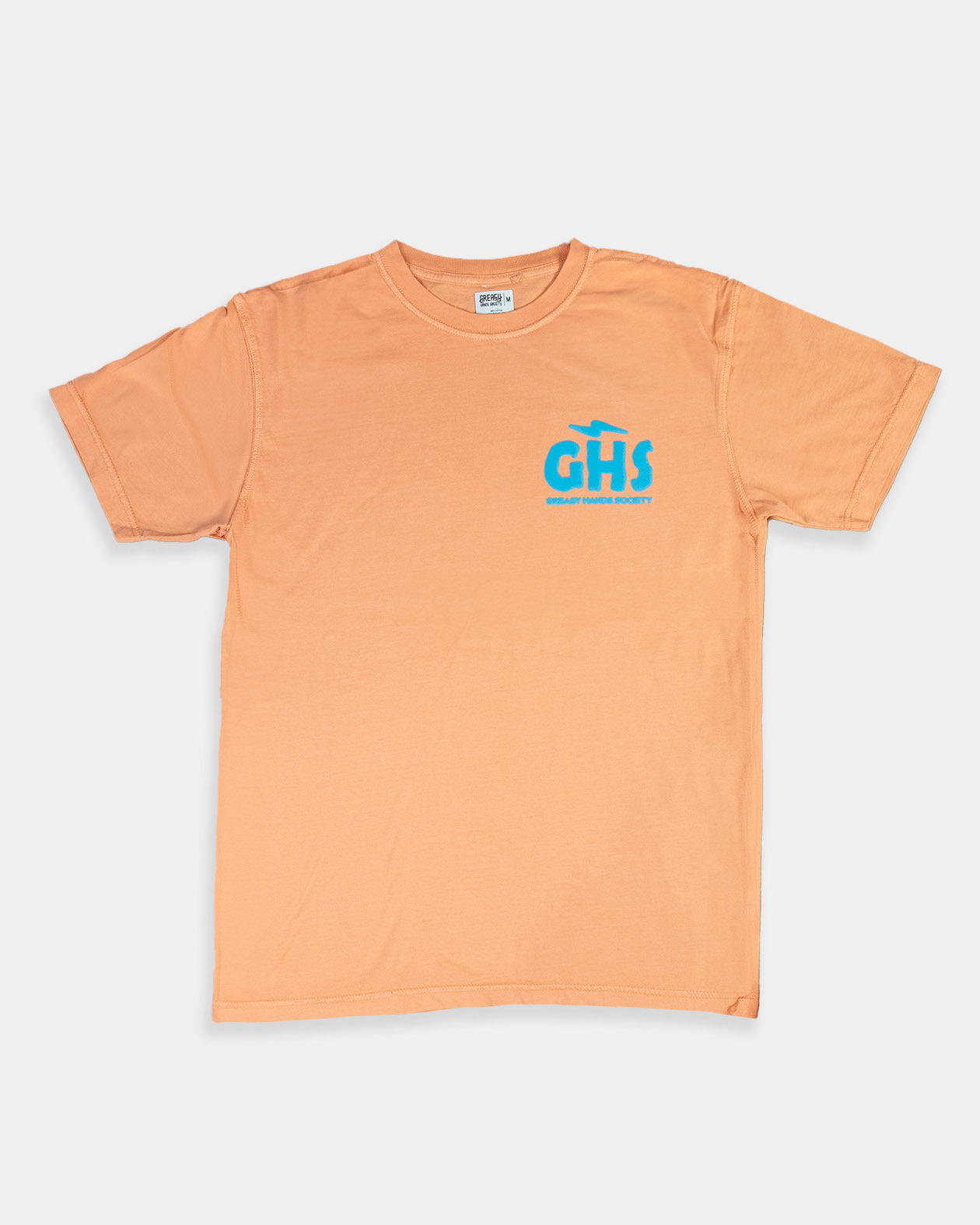 women's Orange graphic tee - t-shirt with a blue logo on a white background