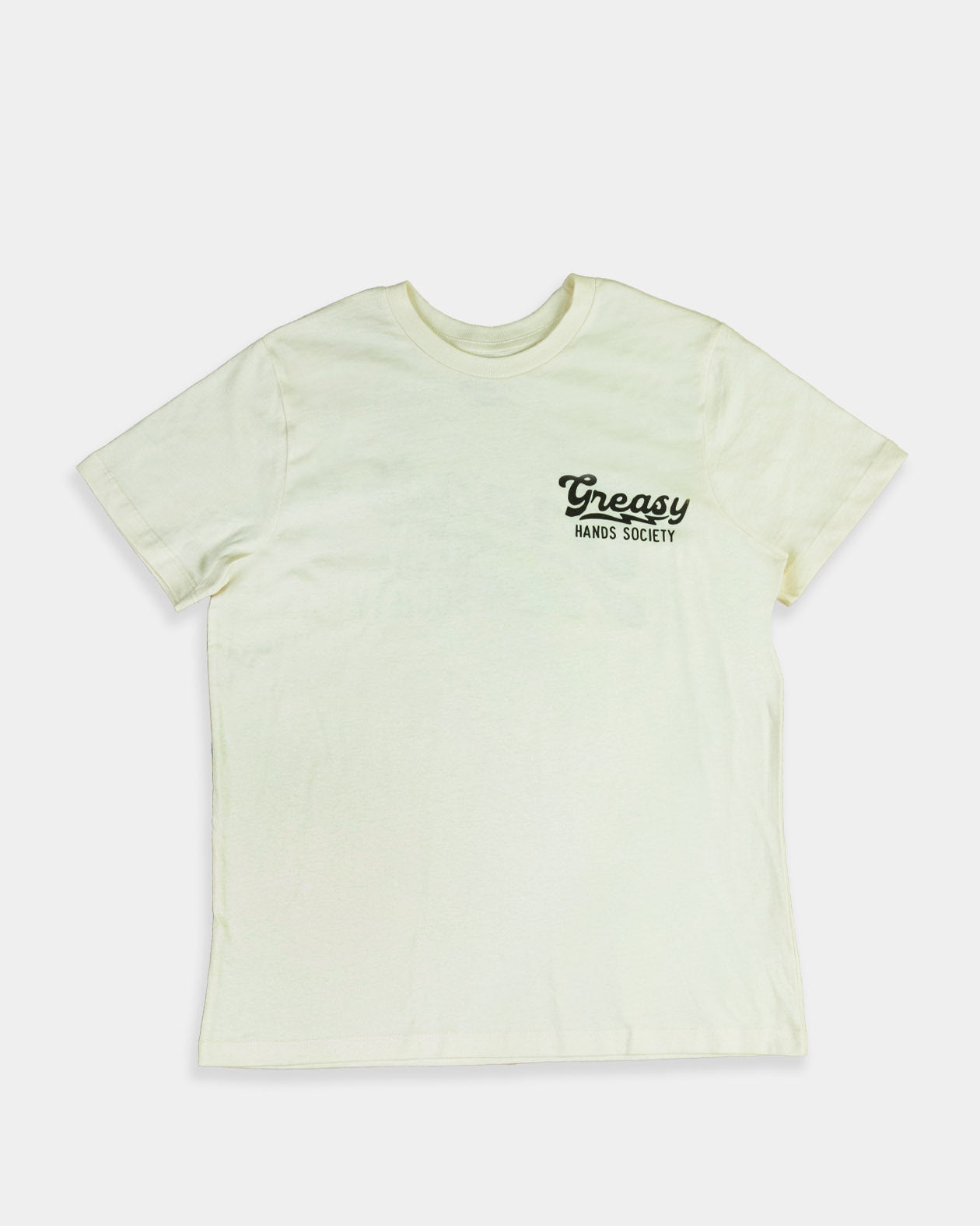 Light green destination graphic t-shirt with 'Greasy' logo on a white background 