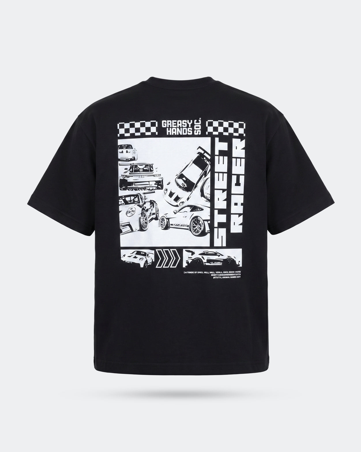 back of a Black t-shirt with white street racer graphic design on a light gray background - Street Racer graphic tee by greasy hands society