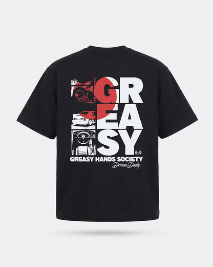 back of a Black t-shirt with 'GREASY' graphic design in white and red on a white background - The JDM Super Stack Graphic Tee by Greasy Hands Society