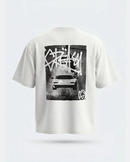 White t-shirt with black and white graphic design on a light gray background - Flying Bull White Heavyweight graphic Tee by Greasy Hands Society