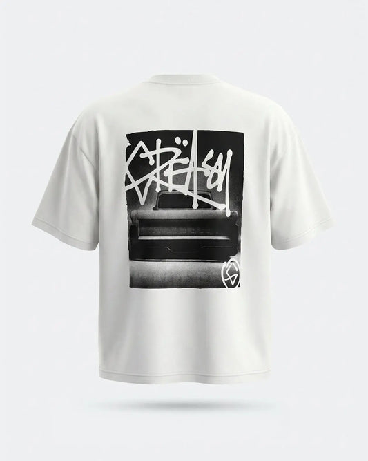 White t-shirt with black and white graphic design on a light gray background - Tailgate Boxy White Heavyweight graphic Tee by Greasy Hands Society