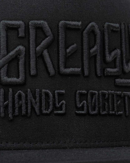 greasy hands society black on black logo snapback hat stitching detail view