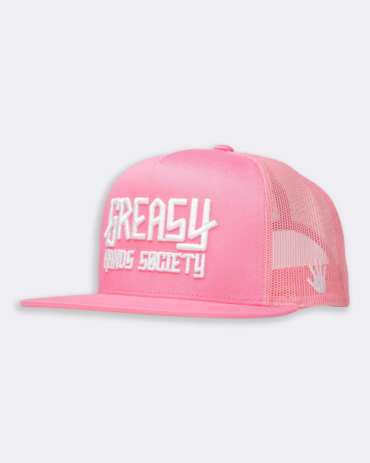 A pink and white structured hat with the 'GREASY HANDS SOCIETY' logo embroidered on the front panel and a hand icon on the side panel - GHS Pink & White Logo Hat by Greasy Hands Society