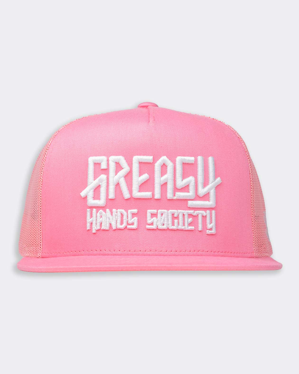 greasy hands society pink with white text logo hat front view